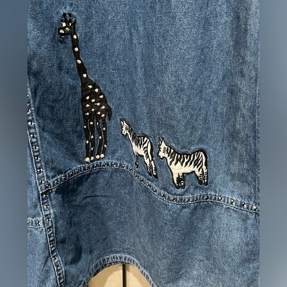 SARA STUDIO DENIM MAXI ANIMAL EMBROIDERED ARTSY JUMPER DRESS SIZE L - Picture 8 of 10